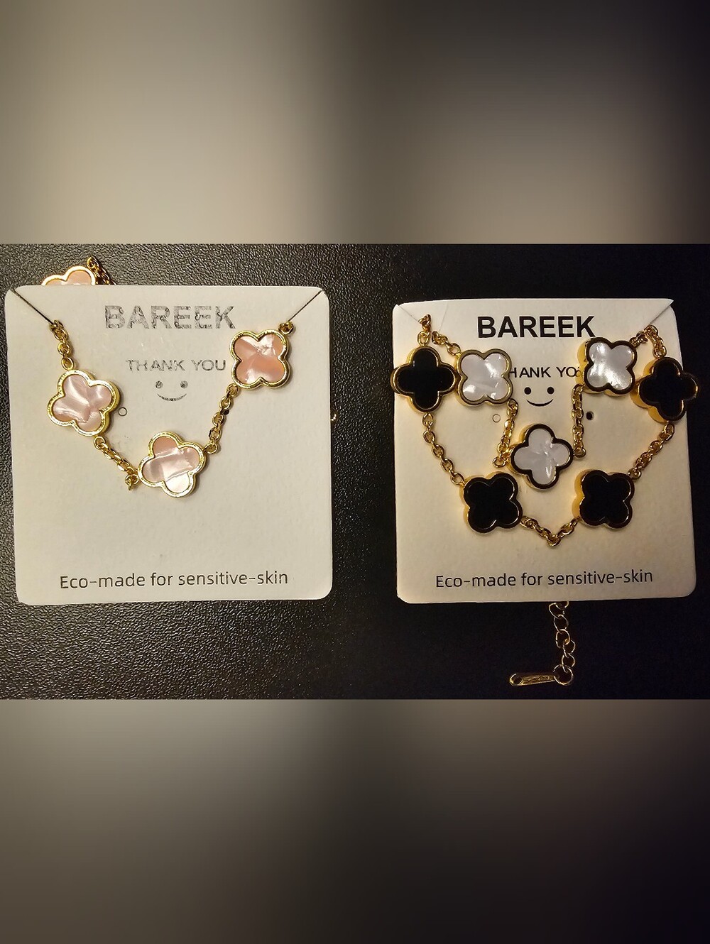 Set Of 3 Clover Bracelets (Pink, Black and White) - Gold Tone